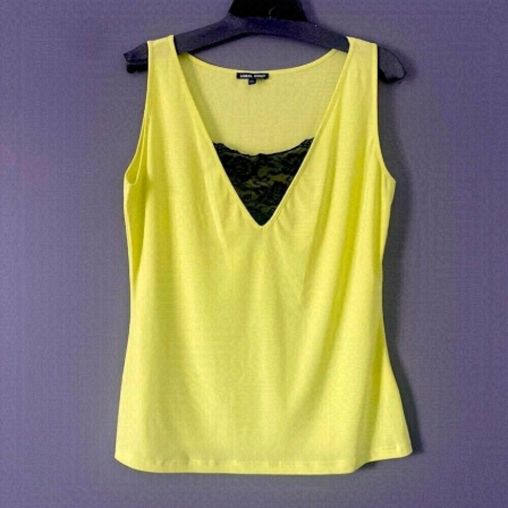 Y2K Dream Samuel Dong Bright Yellow V-Neck Lace Trim Tank Top Large